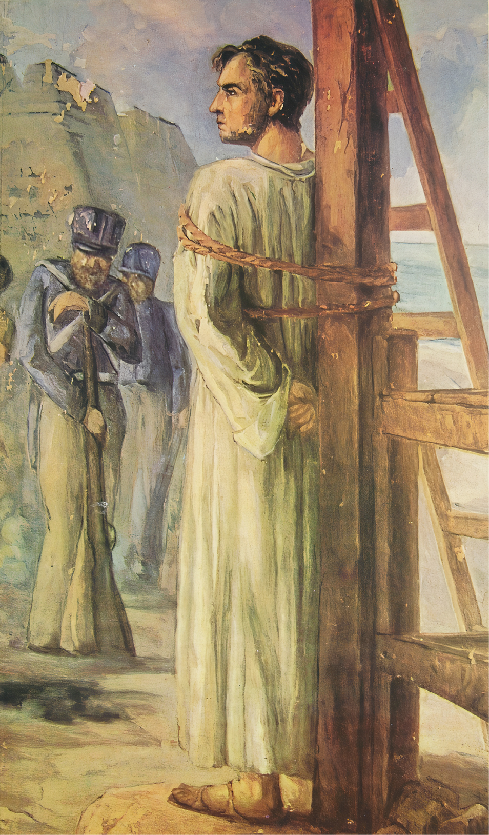 Pintura. À direita, homens com farda azul, chapéu e armas. Ao lado, homem, usando uma túnica branca e sandálias, está de costas e amarrado em um tronco.