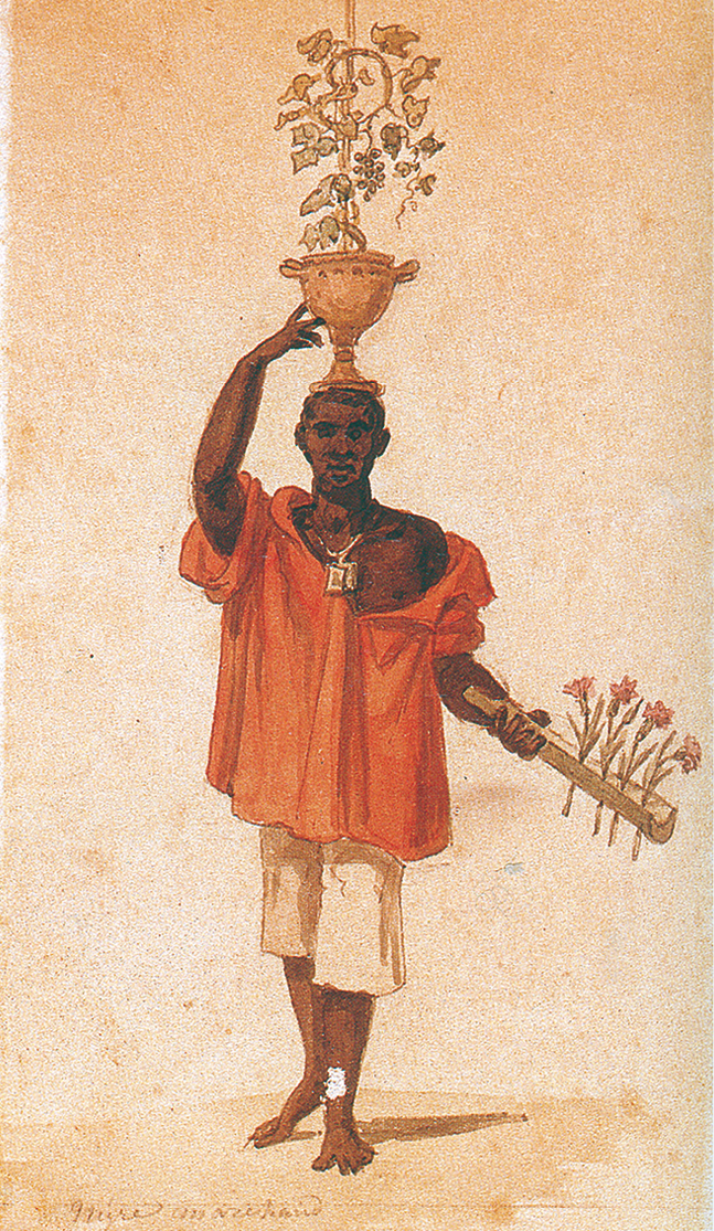 Pintura. Homem negro, usando camisa, adereço no pescoço, short e sem calçado, está de pé segurando com a mão direita um vaso com flores apoiado na cabeça e, com a mão esquerda, uma tábua de madeira com flores.