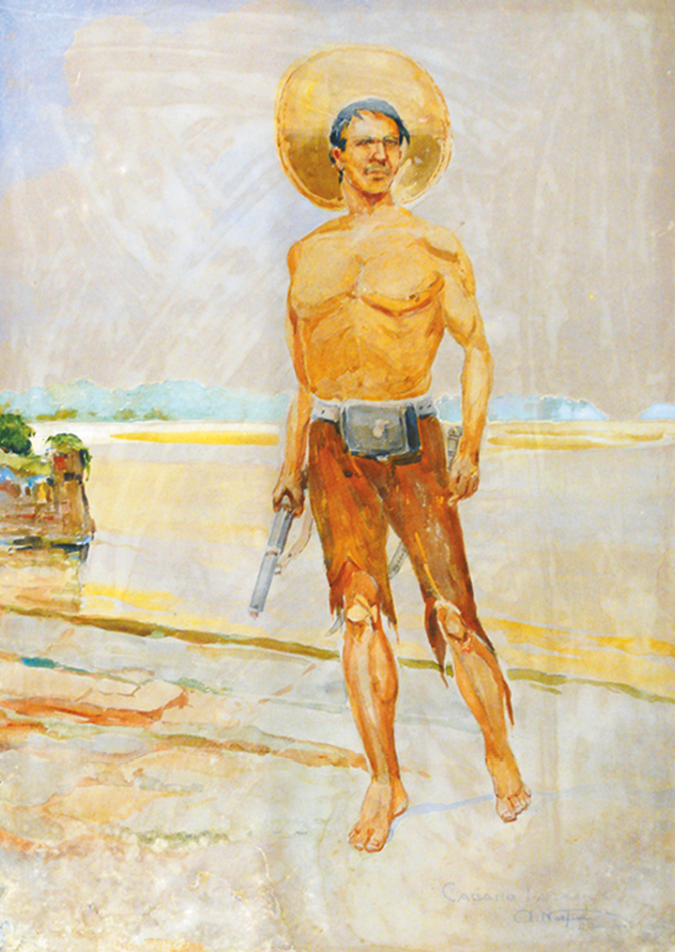 Pintura. Um homem, usando short e chapéu de palha, está de pé, segurando com as mãos uma arma.