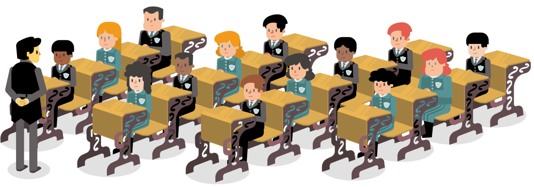 Ilustração. Professor e alunos na sala de aula. Um homem, usando camisa, calça e avental preto, está de pé com as mãos para trás olhando na direção de crianças uniformizadas e sentadas em carteiras escolares de madeira.