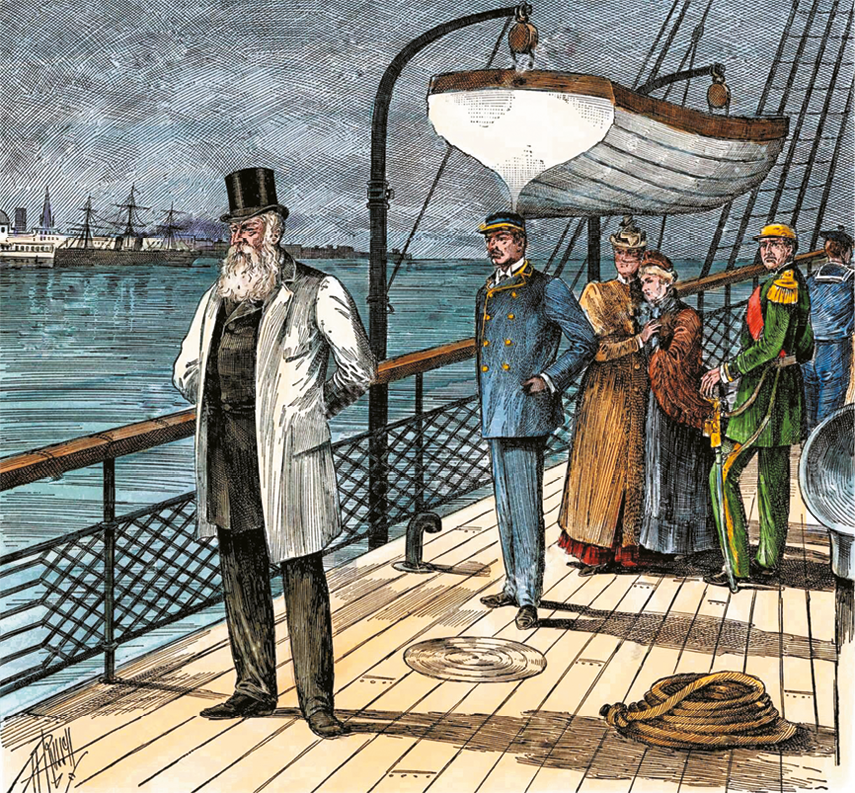 Gravura. Pessoas no convés de uma embarcação. No primeiro plano à esquerda, um homem com barba e cabelos brancos, usando uma cartola e um terno, está de pé com as mãos nas costas. Ao fundo, um homem de farda azul e outro com farda verde, estão do lado de duas mulheres se abraçando.