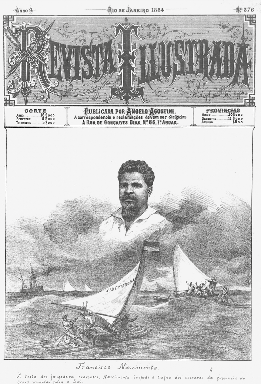 Capa. Na parte superior, o texto: REVISTA ILUSTRADA. Abaixo, charge do busto de um homem com barba entre as nuvens. Na parte inferior, duas embarcações pequenas a vela com pessoa dentro.
