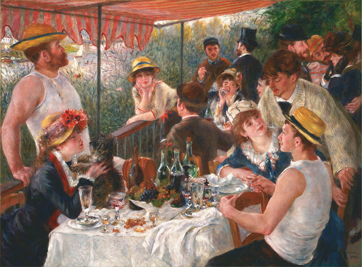 Pintura. Pessoas em volta de uma mesa com vários alimentos e bebidas. No primeiro plano, ao redor da mesa, há mulheres usando chapéu com flores e vestido e homens usando blusa regata, chapéu e calça. Ao fundo, homens usando cartola e terno e mulheres usando vestido e chapéu estão conversando.