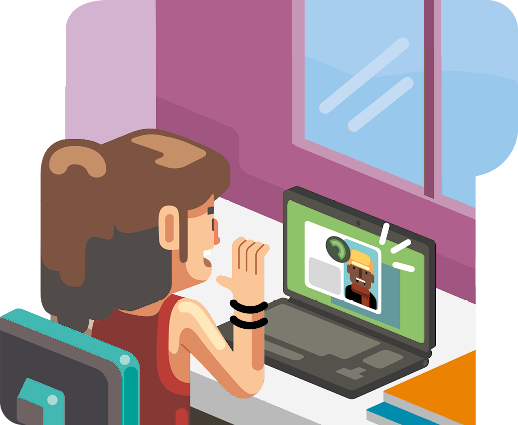 Ilustração. Uma mulher, com cabelos presos, usando blusa, está sentada olhando para um computador. Na tela do computador, a silhueta de uma pessoa.