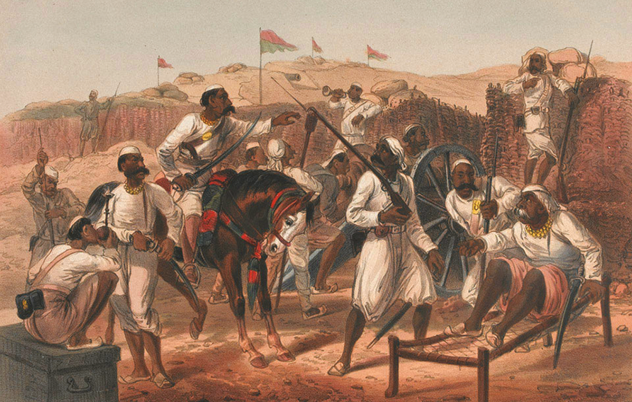 Litografia. Homens usando chapéu redondo na cabeça e roupas brancas. Eles estão com armas. Um deles está montado em um cavalo e segurando uma espada. Ao fundo, paisagem desértica e bandeiras.