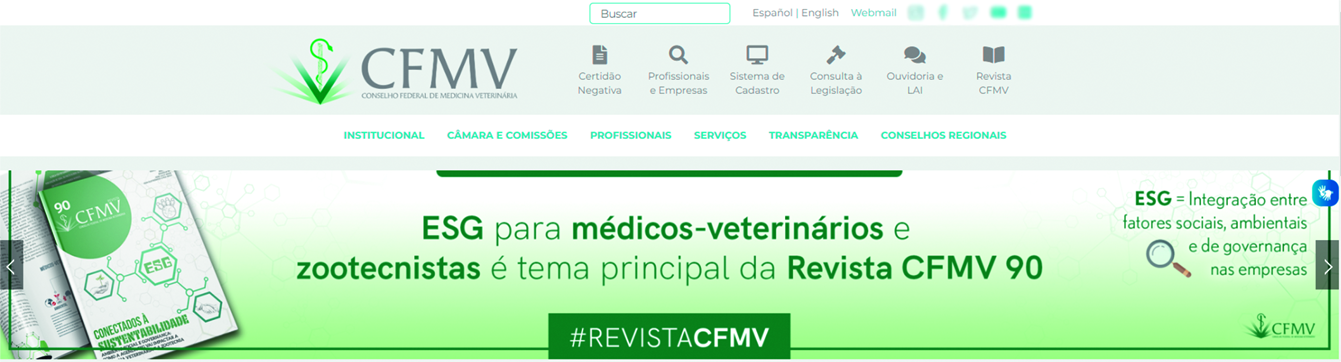 Página de internet. Na parte superior, a sigla 'CEMV', seguido pela barra de menu. Abaixo, cartaz, com o texto: ESG para médicos-veterinários e zootécnicas é o tema principal da Revista CFMV 90.