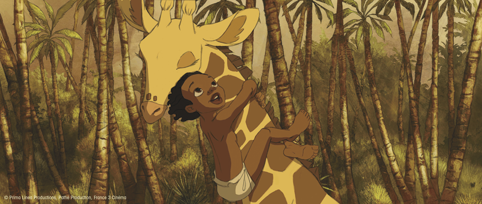 Cena de animação. Uma criança negra abraçando o pescoço de uma girafa no meio da floresta.