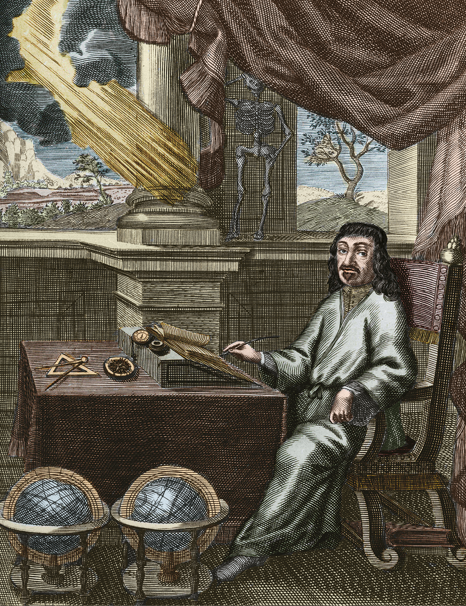 Gravura. Um homem com cabelos na altura do ombro, usando uma túnica simples. Ele está sentado em uma cadeira com as mãos sobre uma mesa. No chão, dois globos terrestres. Na janela, paisagem de árvores e montanhas.
