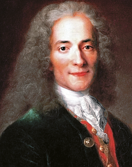 Pintura. Destacando o busto de Voltaire, homem com cabelos brancos na altura do ombro, usando casaco preto com babado no pescoço.