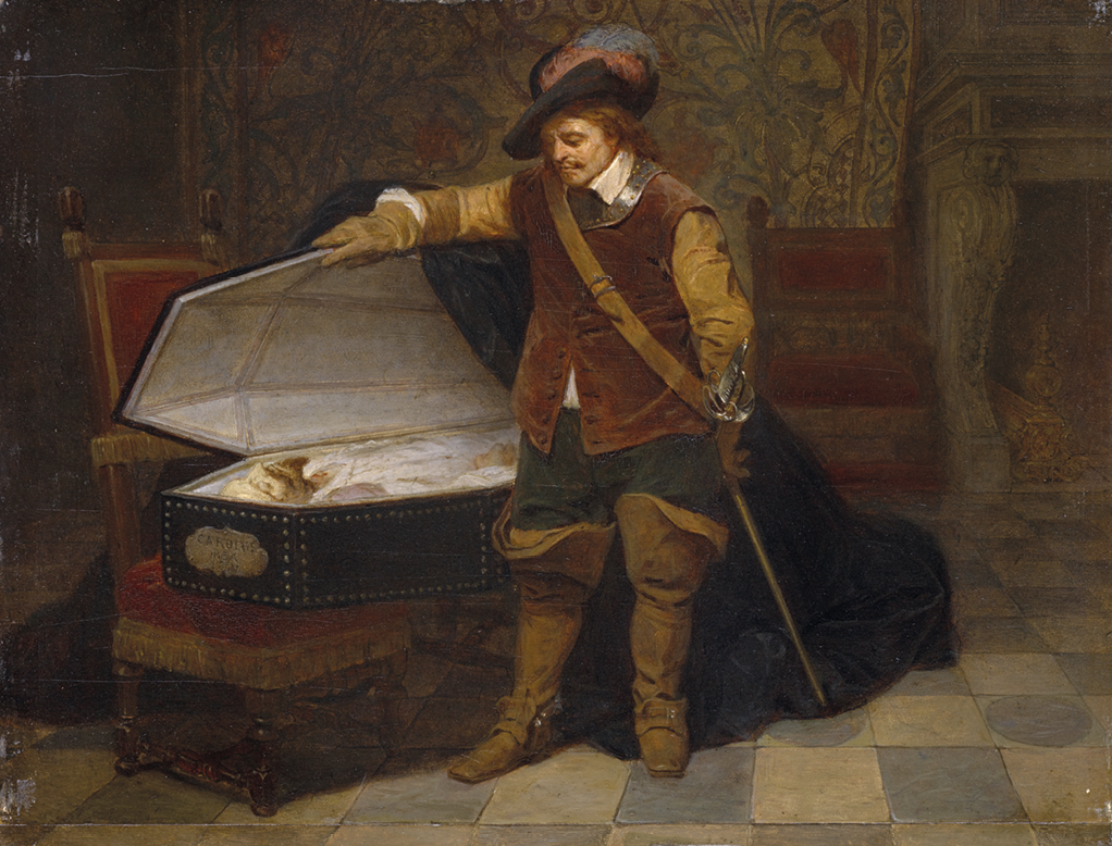 Pintura. Um homem, usando chapéu com pena, casaco, calça, colete e botas, está de pé segurando a tampa de um caixão e, com a outra mão, uma espada. No caixão, um homem deitado com os olhos fechados.