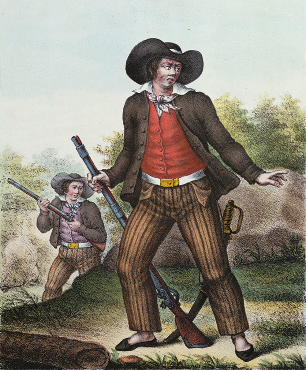 Litogravura. Um homem, usando chapéu, camisa, colete, casaco e calça, está de pé olhando para a direita e segurando com as mãos uma arma. Ao fundo, outro homem com roupas parecidas e segurando uma arma.
