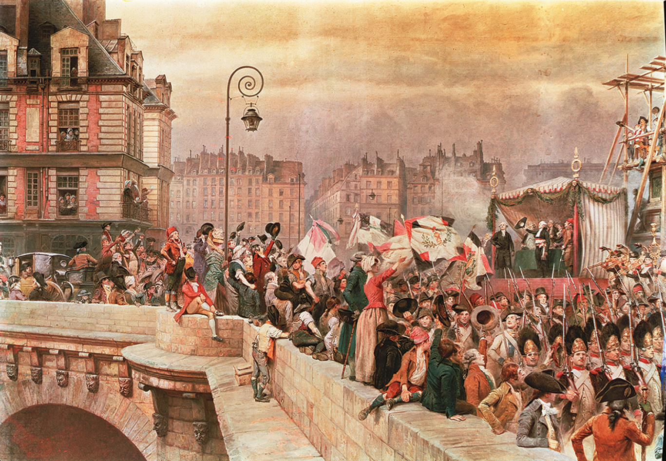 Pintura. À esquerda, pessoas em uma ponte, segurando bandeiras e observando homens fardados marchando. À direita, um palanque com pessoas em cima. Ao fundo, construções.