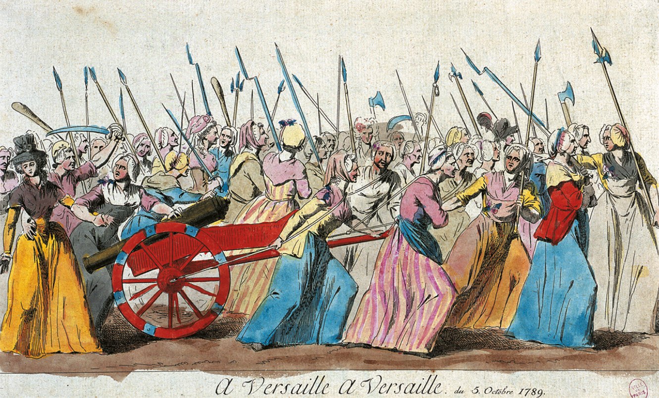 Gravura. Diversas mulheres, usando vestidos coloridos, estão carregando arpões, machados, bastões, lanças e, algumas delas, empurrando um canhão.