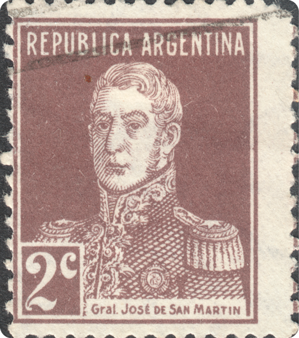 Selo. Destacando o busto de um homem usando farda miliar ornamentada e ombreiras. Na parte de cima, há o texto: Republica Argentina. Abaixo, o numeral 2, e o texto: General José de San Martin.