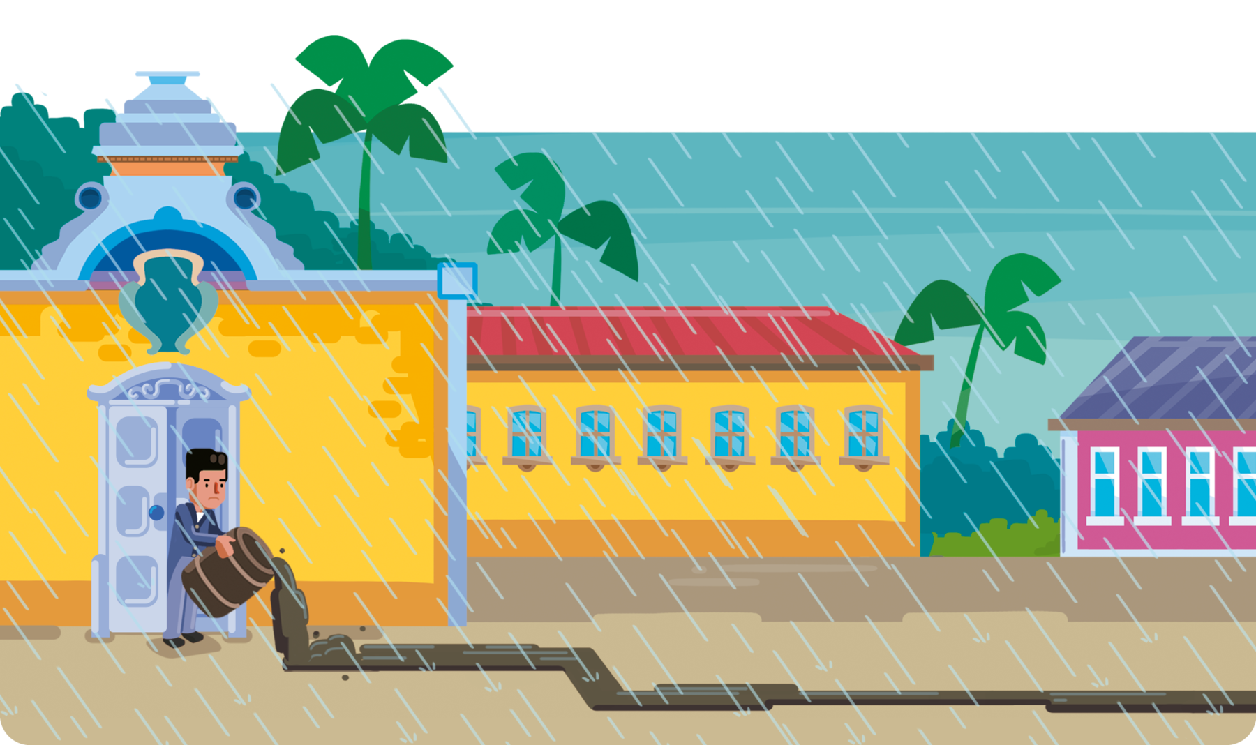 Ilustração. Vista de uma cidade enquanto chove. À esquerda, um homem, usando terno, está de pé em uma porta segurando com as mãos um barril inclinado de onde escorre um líquido escuro pelo chão. Ao fundo, moradias.