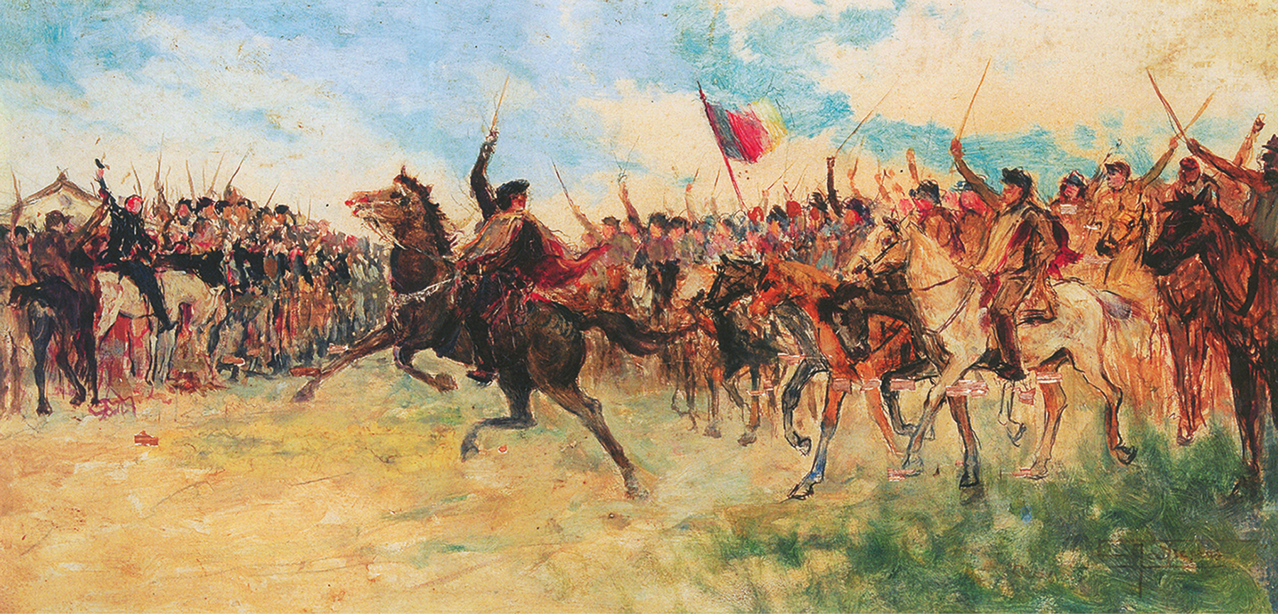Pintura. Centralizado, uma pessoa, usando chapéu e capa marrom, está em cima de um cavalo, levantando uma espada. Ao redor, pessoas montadas em cavalos com espadas levantadas. Entre elas, há uma bandeira hasteada.