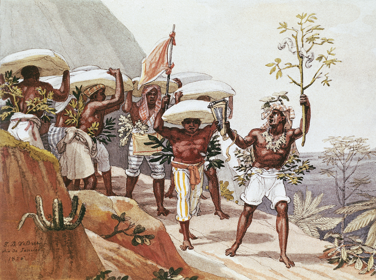 Pintura. Homens negros, usando calça, estão segurando sacas sobre a cabeça em uma estrada rochosa. Um dos homens está à frente dos demais carregando um galho de árvore com as mãos.