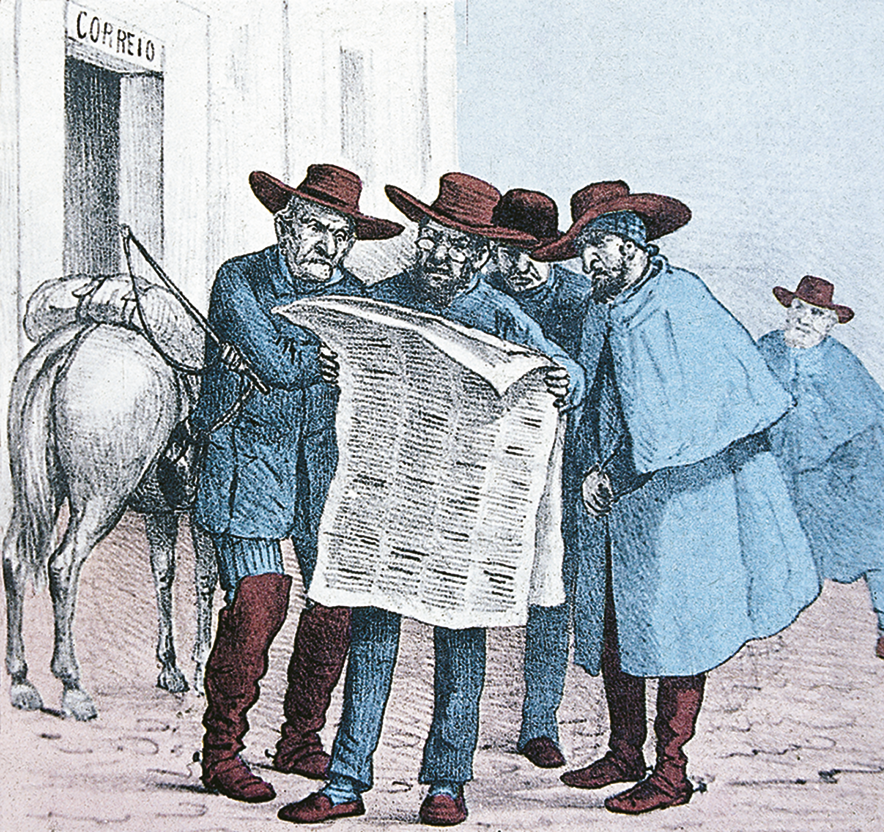 Charge. Homens, usando chapéu e casacos, estão em semicírculo segurando com as mãos um jornal.