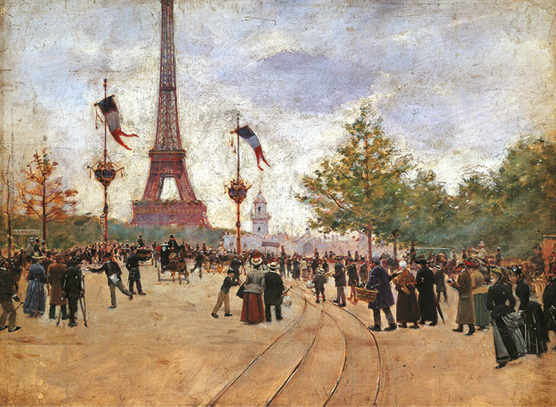 Pintura. Várias pessoas caminhando. Entre elas, há homens usando terno e mulheres usando vestidos. Há também uma pessoa em uma carroça e trilhos sobre o chão. Ao fundo, a torre Eiffel e bandeiras da França.