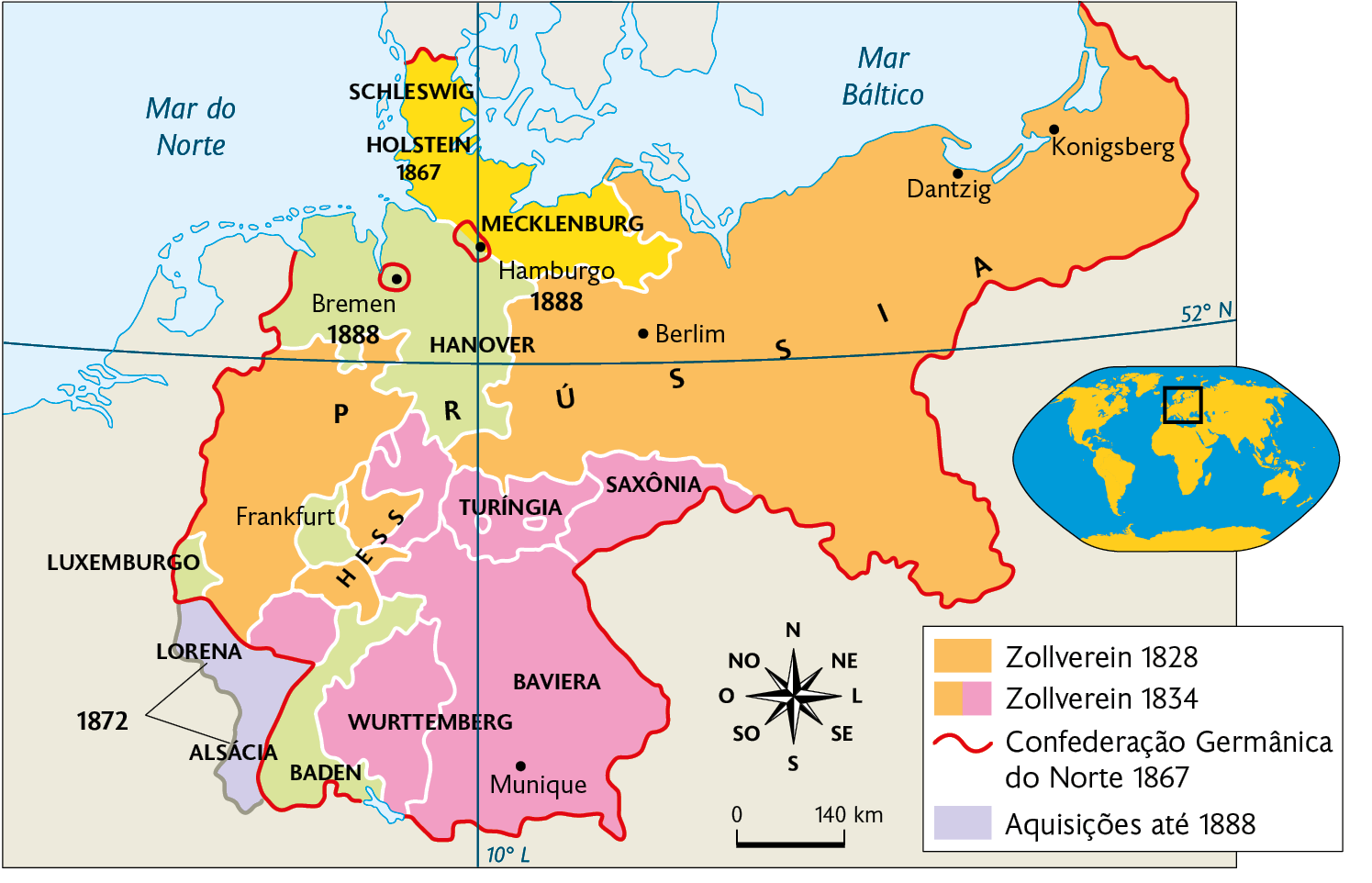 Mapa. A unificação da Alemanha (século 19). Mapa territorial destacado conforme a legenda: Zollverein 1828: PRÚSSIA  e HESS. Cidades destacadas: Berlim, Dantzig e Konigsberg. Zollverein 1834: Juntam-se SAXÔNIA, TURÍNGIA, BAVIERA, WURTTEMBERG. Cidade destacada: Munique. Confederação Germânica do Norte 1867: PRÚSSIA, MECKLENBURG, HOLSTEIN 1867, SHLESWIG, HANOVER, HESS, LUXEMBURGO, BADEN, WURTTEMBERG, BAVIERA, TURÍNGIA e SAXÔNIA. Cidades destacadas: Koingberg, Dantzig, Berlim, Frankfurt e Munique. Aquisições até 1888: LORENA, ALSÁCIA (1872) À direita, planisfério destacando parte da Europa. Abaixo, representação da rosa dos ventos e escala de 140 quilômetros por centímetro.