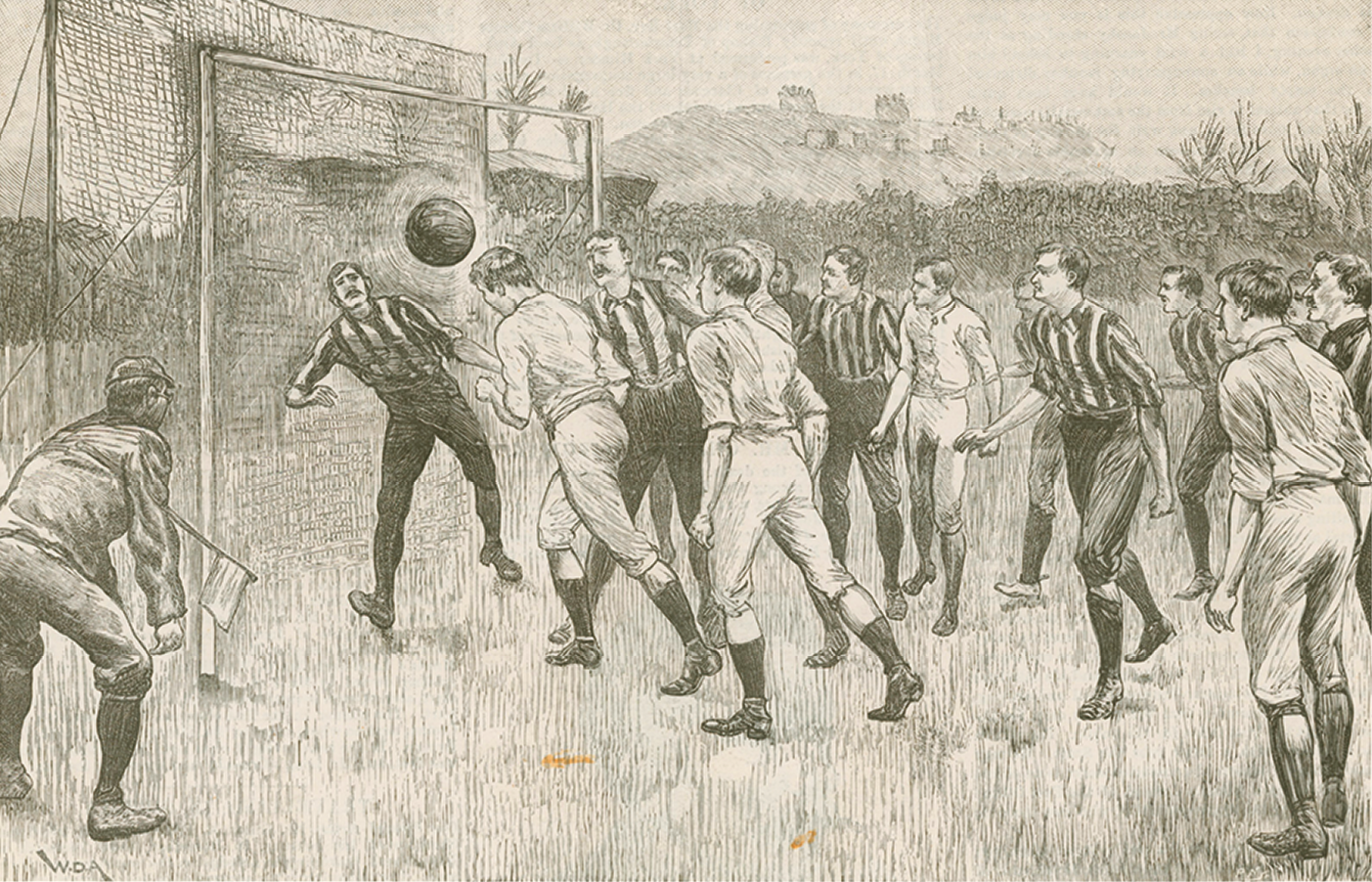 Gravura. Um grupo de homens correndo na direção de uma bola.