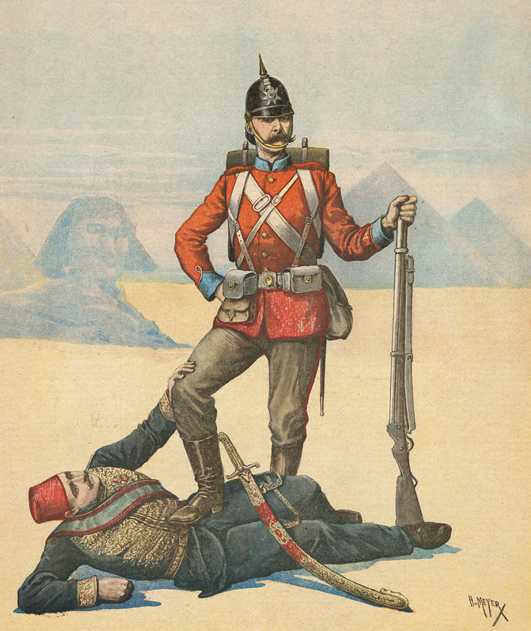 Charge. Um homem com bigode, usando farda vermelha e capacete. Ele está segurando uma arma com as mãos e com o pé sobre um homem deitado usando farda azul, chapéu vermelho e espada. Ao fundo, pirâmides e uma esfinge.