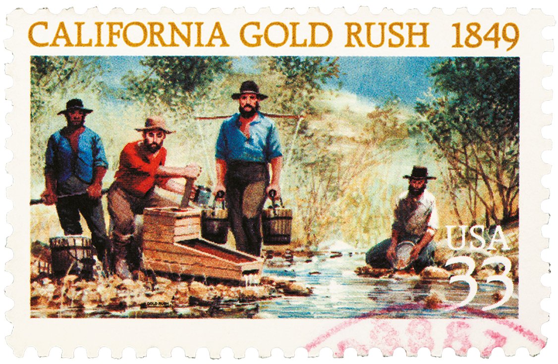 Selo. Na parte superior, o texto: CALIFORNIA GOLD RUSH 1849. Abaixo, ilustração de quatro homens usando chapéu, camisa e calça. Eles estão na beira de um corpo de água segurando baldes e peneiras.