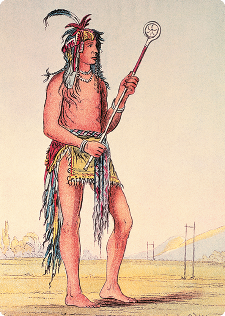 Litogravura. Um homem indígena, usando adorno com plumas na cabeça e na cintura, está de pé segurando um bastão com forma circular na ponta.