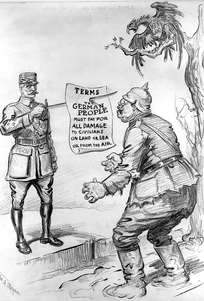 Charge em preto e branco. À esquerda, um homem usando farda, está segurando com as mãos uma espada com um cartaz pendurado. À direita, um soldado robusto usando chapéu e farda, está olhando para o cartaz.