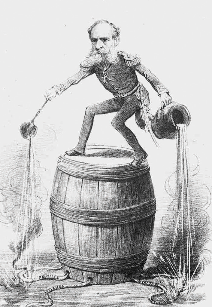 Charge em preto e branco. Ao centro, um homem com barba, usando farda militar com ombreiras e espada na cintura, está em cima de um barril, segurando com as mãos dois potes com águas que caem sobre cordas com faíscas que saem do barril.
