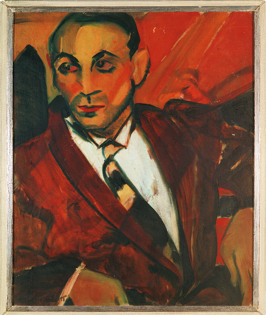 Pintura. Destacando o busto de um homem usando terno e gravata. A pintura tem tons na cor laranja, vermelho e amarelo.