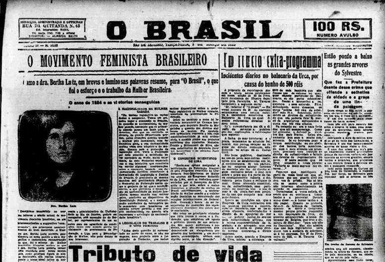 Primeira página de jornal. Na parte superior, há o texto em letras grandes: O BRASIL. Abaixo, manchete, fotografias e textos em colunas..
