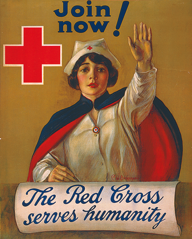 Cartaz. Na parte superior, o texto: Join now! Na parte inferior, o texto: The Red Crosss serves humanity. No fundo, ilustração de uma mulher usando roupas de enfermeira e um casaco. Ela está com um dos braços estendidos para cima. Sobreposto, uma cruz vermelha.
