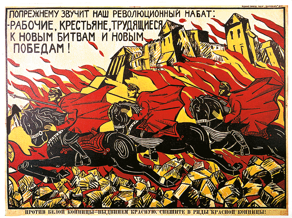 Cartaz. Três homens usando roupas militares e capa vermelha, estão montados em cavalos. Ao fundo, cidade pegando fogo.