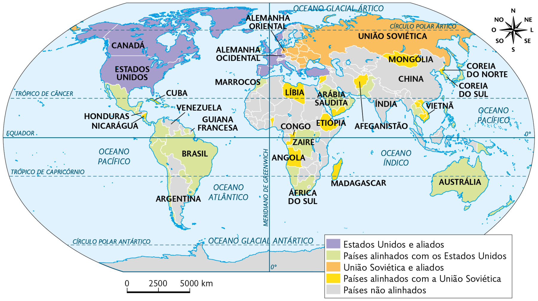 Mapa. As áreas de influência (1945-1989). Planisfério destacado conforme legenda: Estados Unidos e aliados: CANADÁ, ESTADOS UNIDOS, ALEMANHA OCIDENTAL e parte da EUROPA. Países alinhados com os Estados Unidos: BRASIL e parte da AMÉRICA DO SUL, MARROCOS, ZAIRE, ÁFRICA DO SUL, ARÁBIA SAUDITA, AUSTRÁLIA e COREIA DO SUL. União Soviética e aliados: UNIÃO SOVIÉTICA e ALEMANHA ORIENTAL. Países alinhados com a União Soviética: NICARÁGUA, CUBA, LÍBIA, CONGO, ANGOLA, ETIÓPIA. MADAGASCAR, AFEGANISTÃO, MONGÓLIA, VETNÃ E COREIA DO NORTE. Países não alinhados: CHINA, ÍNDIA, parte da ÁFRICA, ARGENTINA, VENEZUELA HONDURAS e GUIANA FRANCESA. No canto superior, à direita, representação da rosa dos ventos e escala de 5000 quilômetros por centímetro.