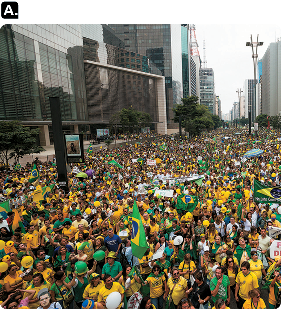 Fotografia 'A'. Diversas pessoas usando camiseta verde e amarelo. Algumas estão segurando bandeiras do Brasil.