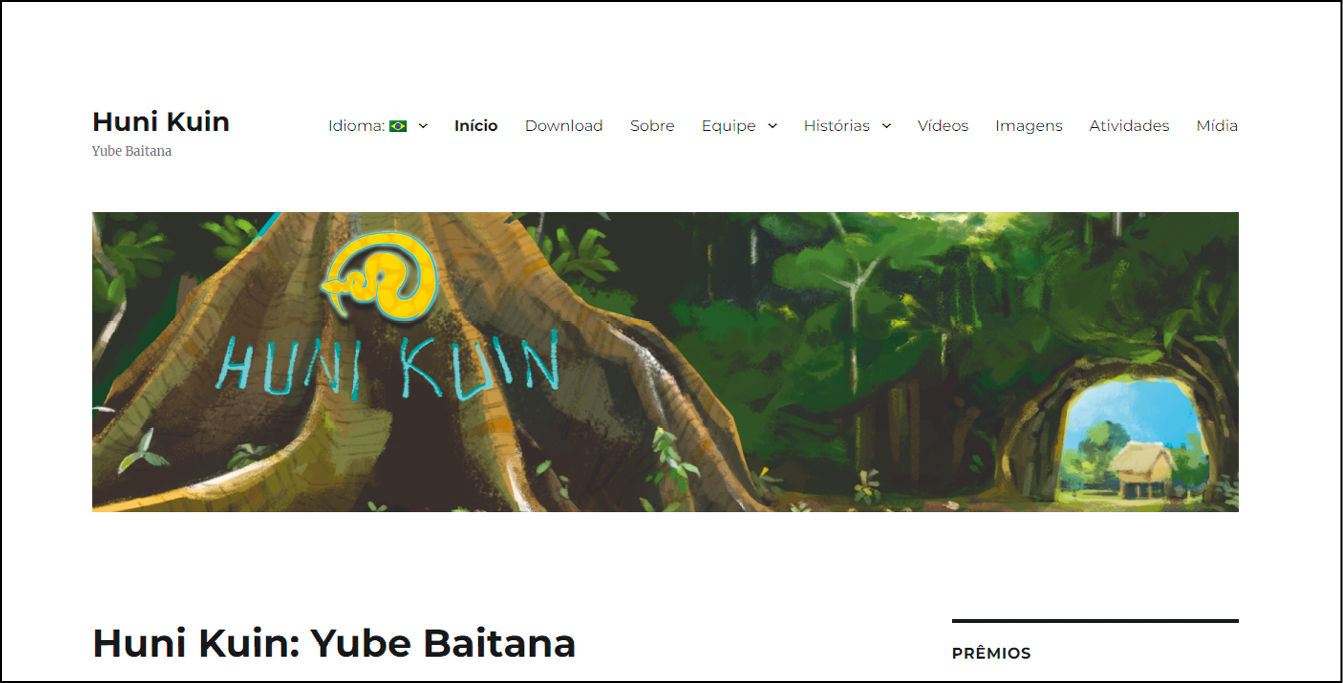 Página de internet. Na parte superior, à esquerda, o nome do site: Huni Kuin. Ao lado, barra de menu. Seguido, cartaz com a ilustração de uma floresta com o texto: HUNI KUIN.