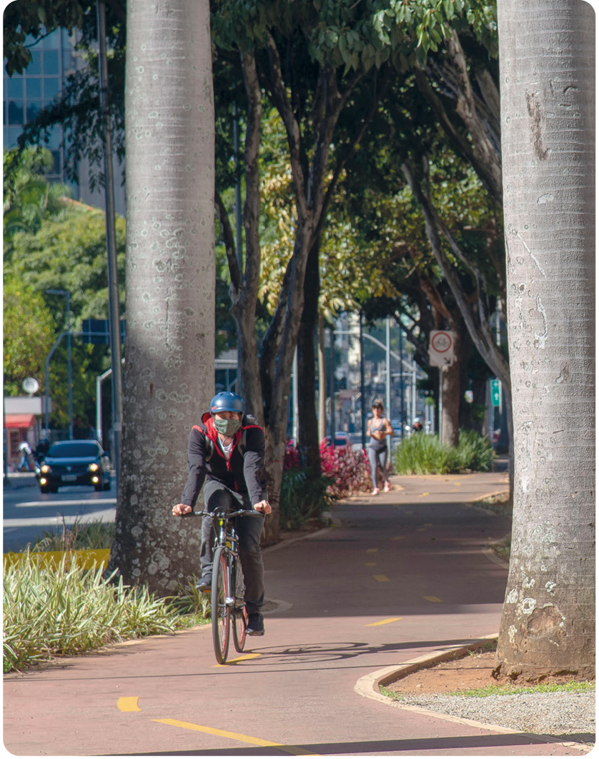 Fotografia 1. Uma pessoa, usando capacete e roupas escuras, está sobre uma bicicleta, andando em uma pista entre árvores.