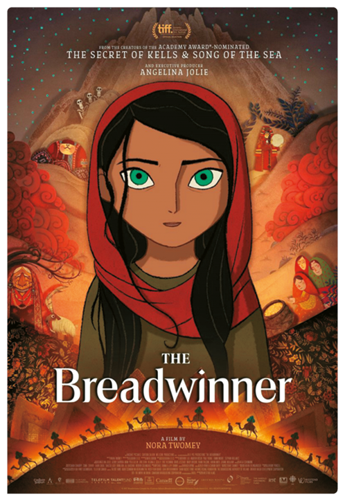 Cartaz de filme. Na parte inferior, o nome do filme: The Breadwinner. No fundo, ilustração de uma menina com olhos verdes usando um tecido ao redor dos cabelos. Atrás, silhueta de mulheres. Na parte inferior, silhueta de camelos e pessoas caminhando.