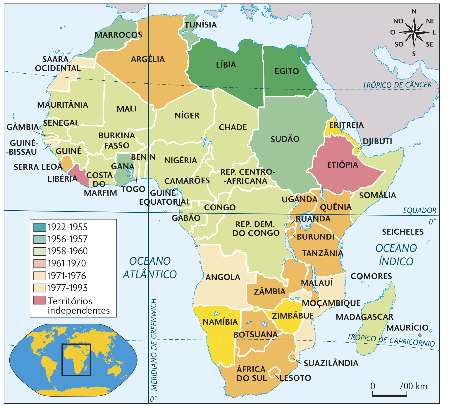 Mapa. As independências na África (século 20). Mapa territorial destacando as independências conforme legenda: 1922-1955: LÍBIA e EGITO. 1956-1957: TUNÍSIA, MARROCOS, GANA e SUDÃO 1958-1960: MAURITÂNIA, SENEGAL, GUINÉ, MALI, BURKINA FASSO, COSTA DO MARFIM, TOGO, BENIN, NÍGER, NIGÉRIA, CAMARÕES, CHADE, REPULPLICA CENTRO-AFRICANA, GUINÉ EQUATORIAL, CONGO, GABÃO, REP. DEM. DO CONGO, SOMÁLIA e MADAGASCAR. 1961-1970: ARGÉLIA, GÂMBIA, SERRA LEOA, UGANDA, QUÊNIA, RUANDA, BURUNDI, TANZÂNIA, MALAUÍ, ZÂMBIA, BOTSUANA, ÁFRICA DO SUL, LESOTO e SUAZILÂNDIA. 1971-1976: SAARA OCIDENTAL, GUINÉ-BISSAU, ANGOLA e MOÇAMBIQUE. 1977-1993: NAMÍBIA, ZIMBÁBUE, ERITREIA e DJIBUTI. Territórios independentes: MAURÍCIO, ETIÓPIA e LIBÉRIA. No canto inferior, à esquerda, planisfério destacando a África e parte da Ásia e Europa. Seguido, representação da rosa dos ventos e escala de 700 quilômetros por centímetro.