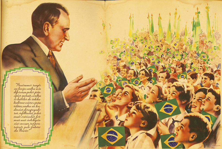 Ilustração. À esquerda, busto de um homem de perfil. Ao lado, um grupo de crianças olhando para o homem e segurando bandeiras do Brasil.