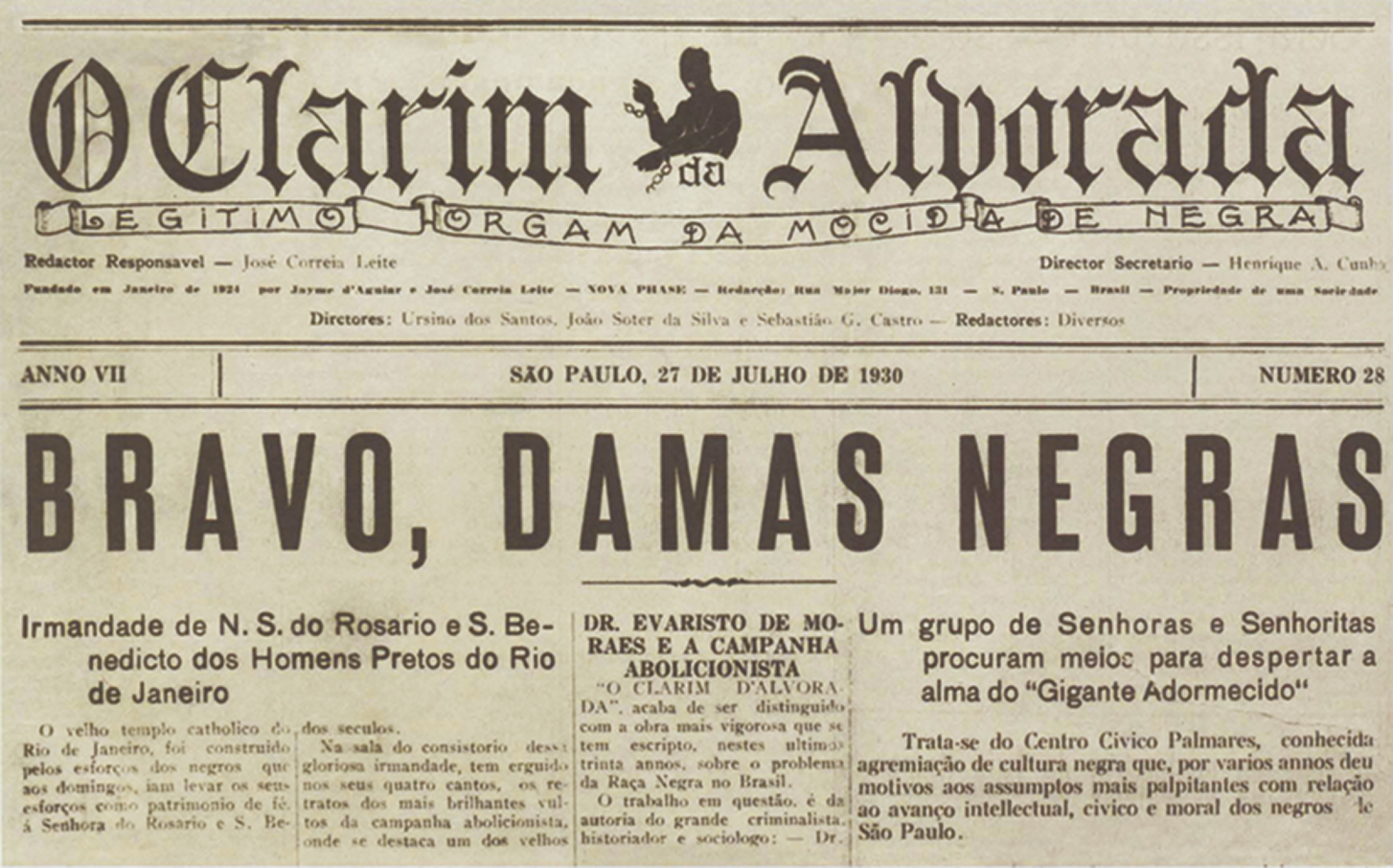 Capa do jornal. Na parte superior, o nome do jornal: O CLARIM DA ALVORADA. Abaixo, manchete com o texto: BRAVO, DAMAS NEGRAS.