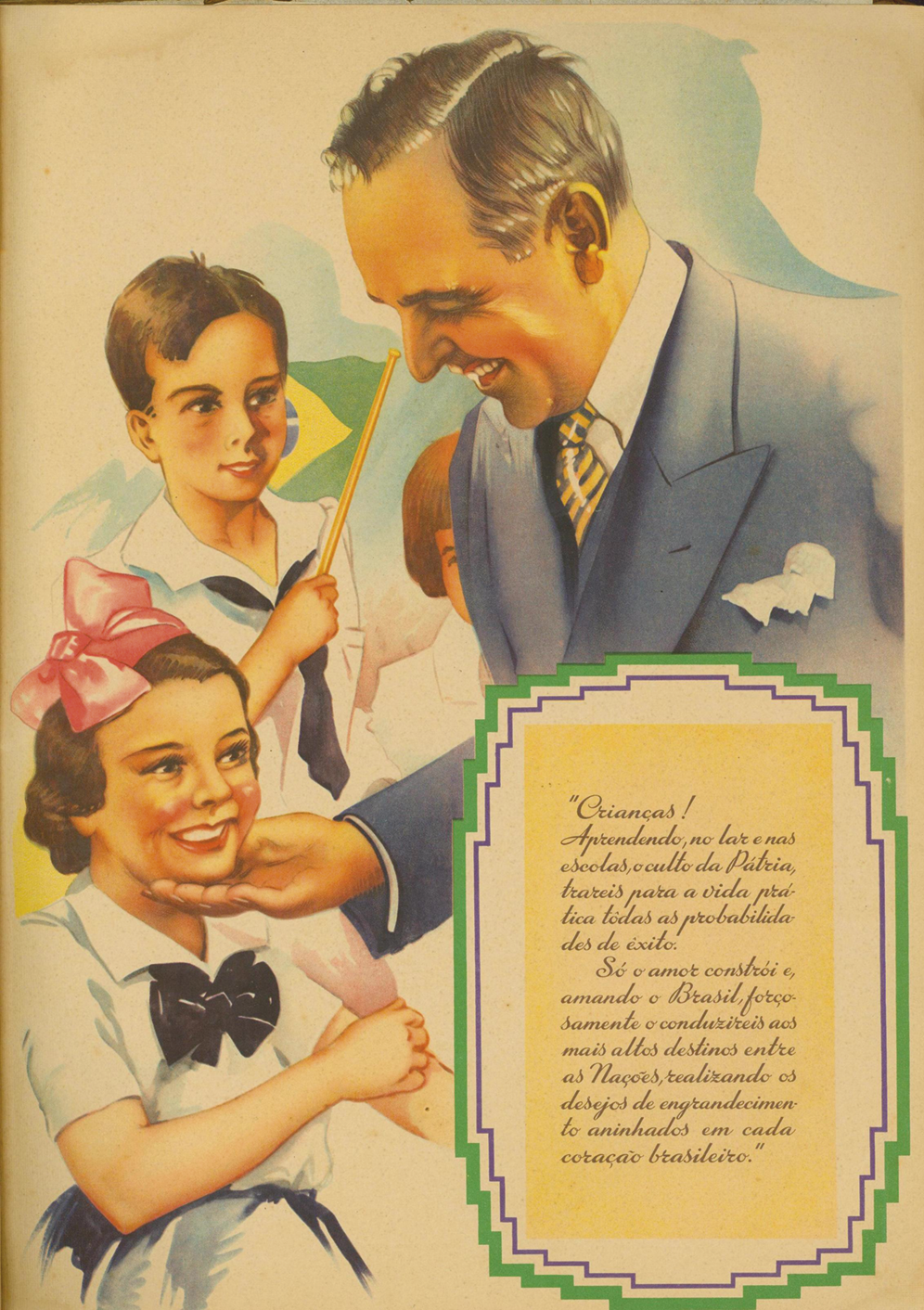 Ilustração. À esquerda, uma menina uniformizada com um laço na cabeça. Ao lado, um homem, usando terno azul, está com uma mão no queixo da menina e sorri. A menina também sorri. Ao fundo, um menino uniformizado segurando com a mão a bandeira do Brasil. No canto inferior direito, caixa com texto.