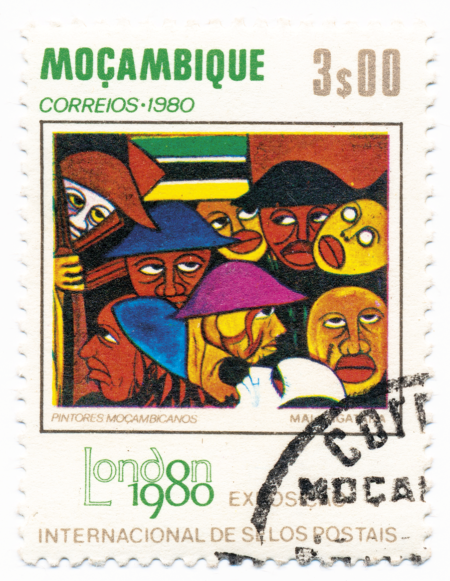 Selo. Na parte superior, o texto: MOÇAMBIQUE 3$00. CORREIOS 1980. Abaixo, ilustração destacando diversas cabeças com lábios grossos se olhando e a bandeira de Moçambique. Na parte inferior, o texto: London 1900. Internacional de selos postais.