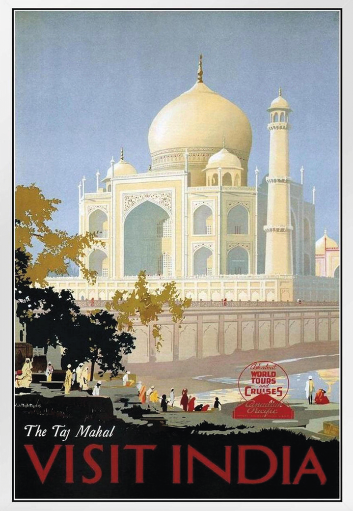 Cartaz. Na parte inferior, o texto: THE TAJ MAHAL. VISIT INDIA. No fundo, ilustração de um jardim com pessoas caminhando. Atrás, um palácio dourado com torres e cúpulas.