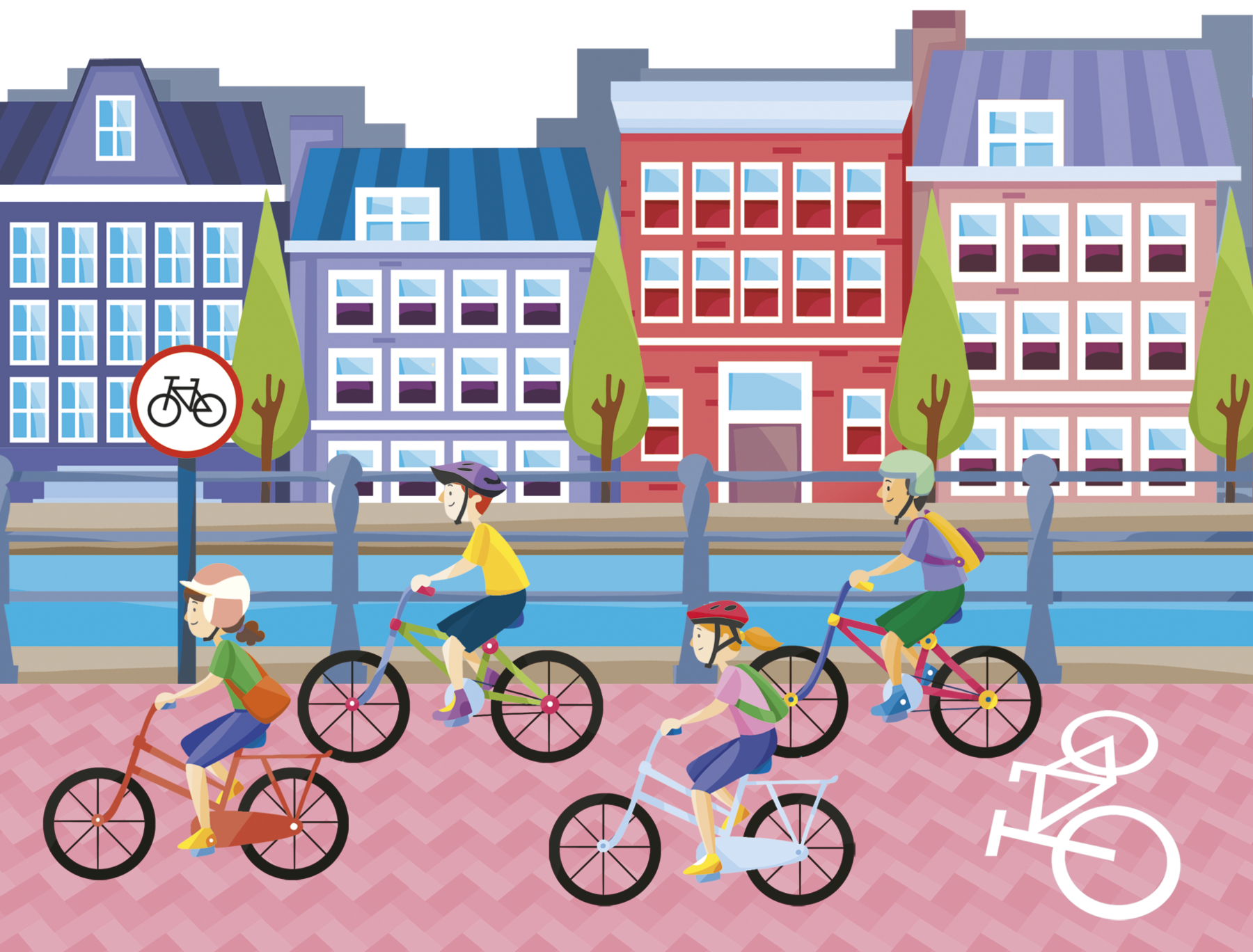 Ilustração. Pessoas usando capacete e roupas coloridas. Elas estão montadas em bicicletas andando em uma rua com o desenho de uma bicicleta no chão. Ao lado, uma placa de trânsito com o desenho de uma bicicleta. Atrás, um corpo de água e diversos edifícios.
