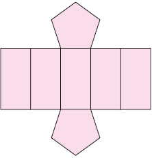Ilustração de uma planificação de sólido geométrico, formado por 5 retângulos e 2 pentágonos.