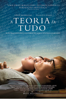 Cartaz do filme 'A Teoria de Tudo'. Ilustração de busto de um homem e uma mulher deitados olhando para o céu. Há ilustrações de fórmulas matemáticas no céu.