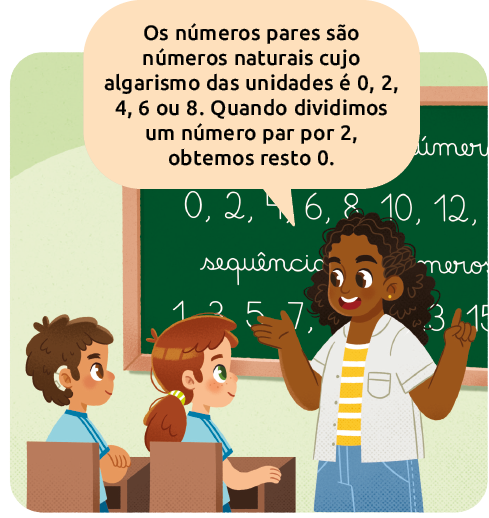 Ilustração de uma professora, em sala de aula, falando aos alunos: os números pares são números naturais cujo algarismo das unidades é 0, 2, 4, 6 ou 8. Quando dividimos um número par por 2, obtemos resto 0.