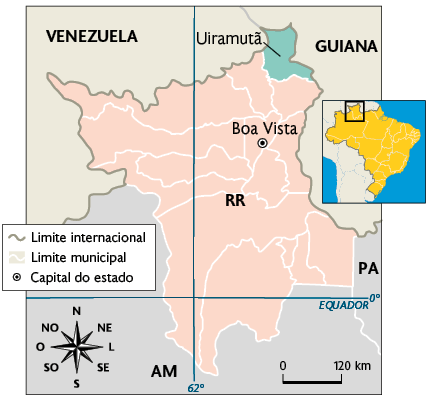 Mapa representando a fronteira do município de Uiramutã, em Roraima com 3 países: Brasil, Venezuela e Guiana.